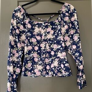 Francesca's Collections Navy and Pink Floral Blouse